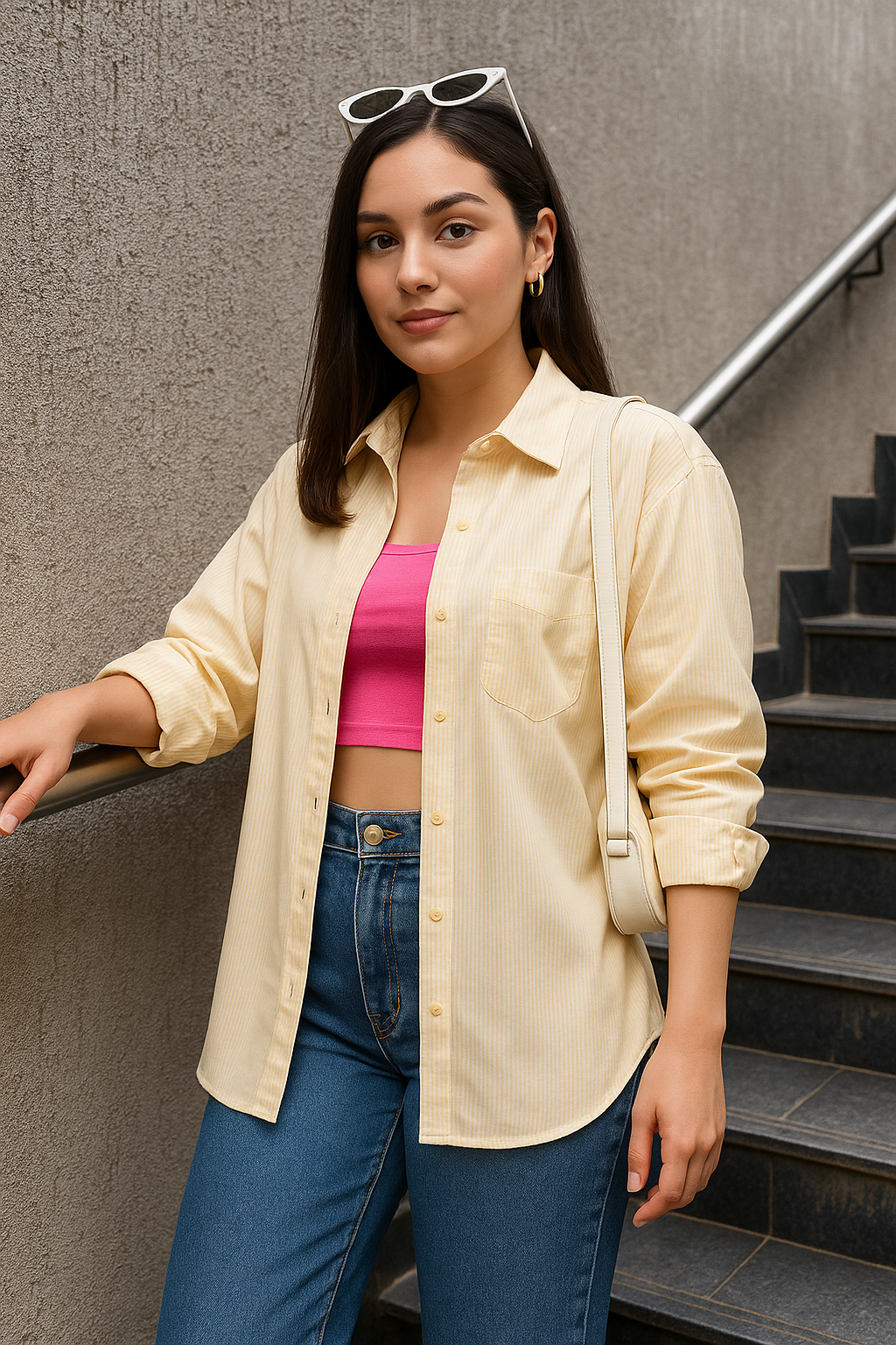 Front view of yellow striped cotton shirt