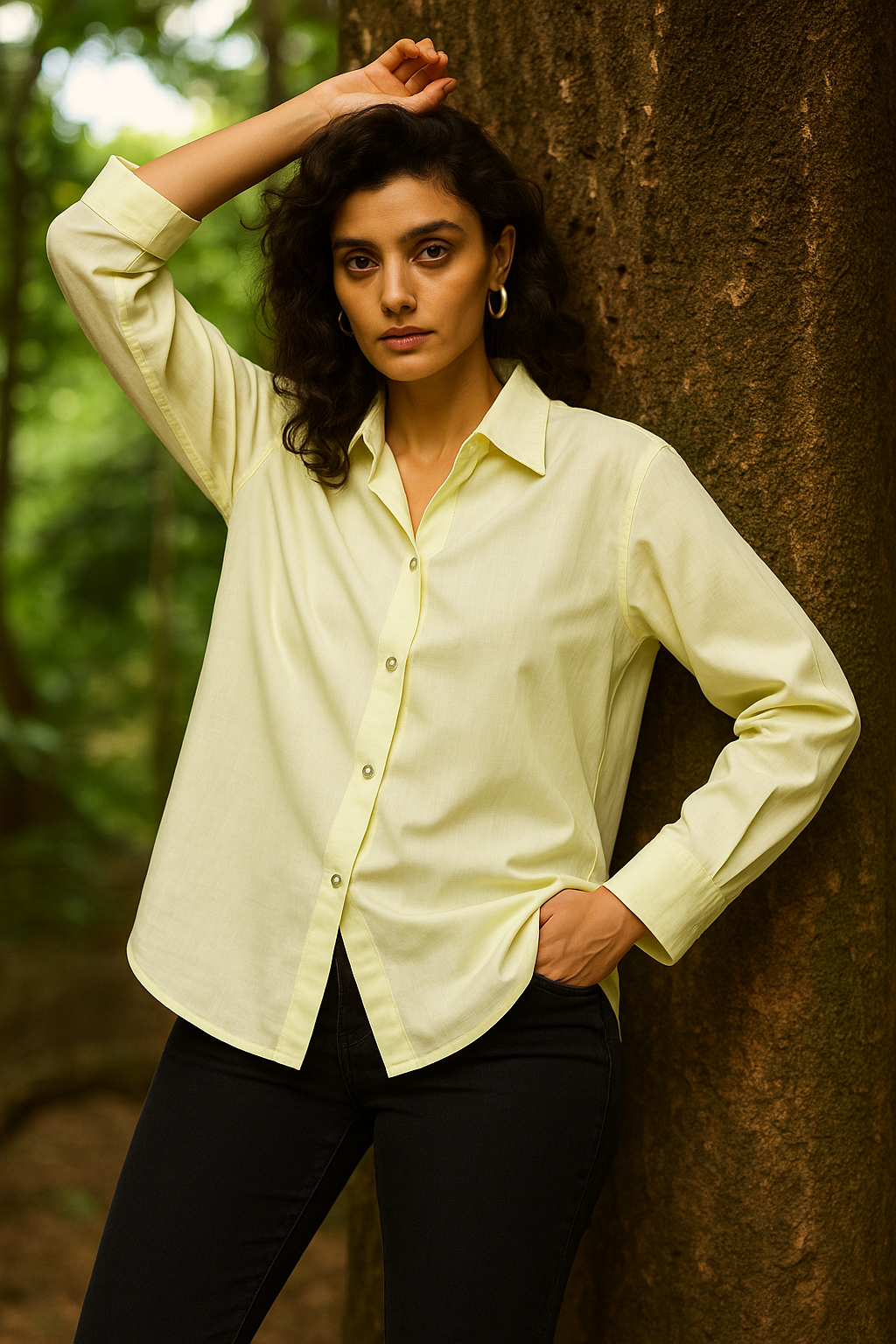 Front view of green linen blend shirt