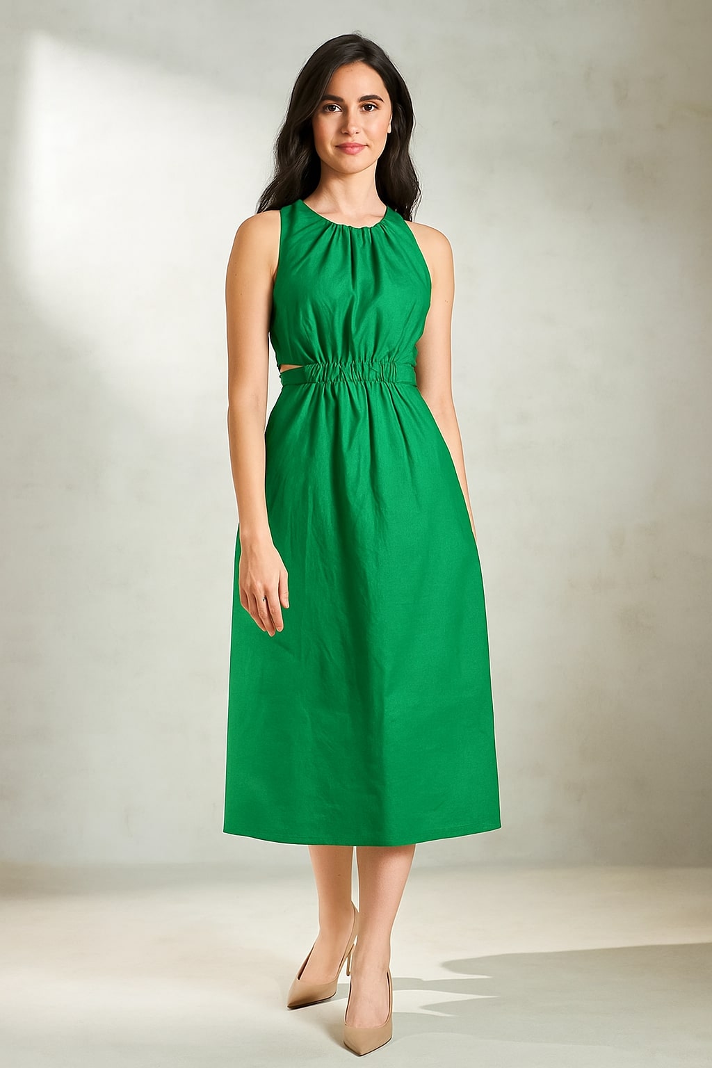 Front view of green pure cotton A-line dress with shirt collar