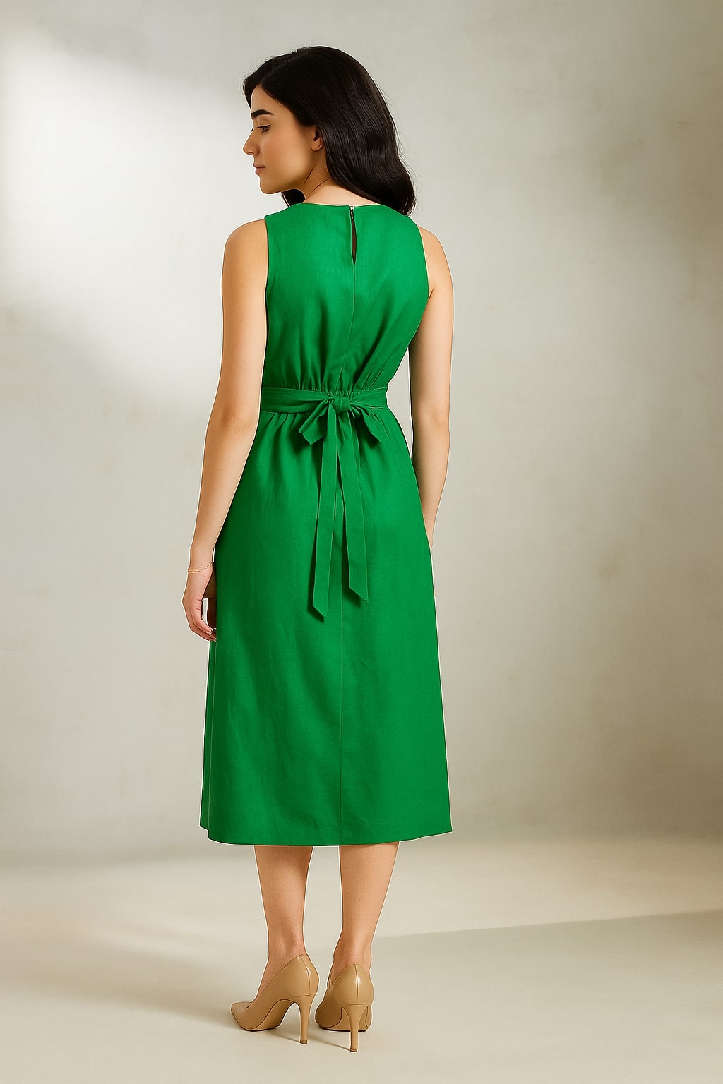Close-up of button-down front and shirt collar on green cotton dress