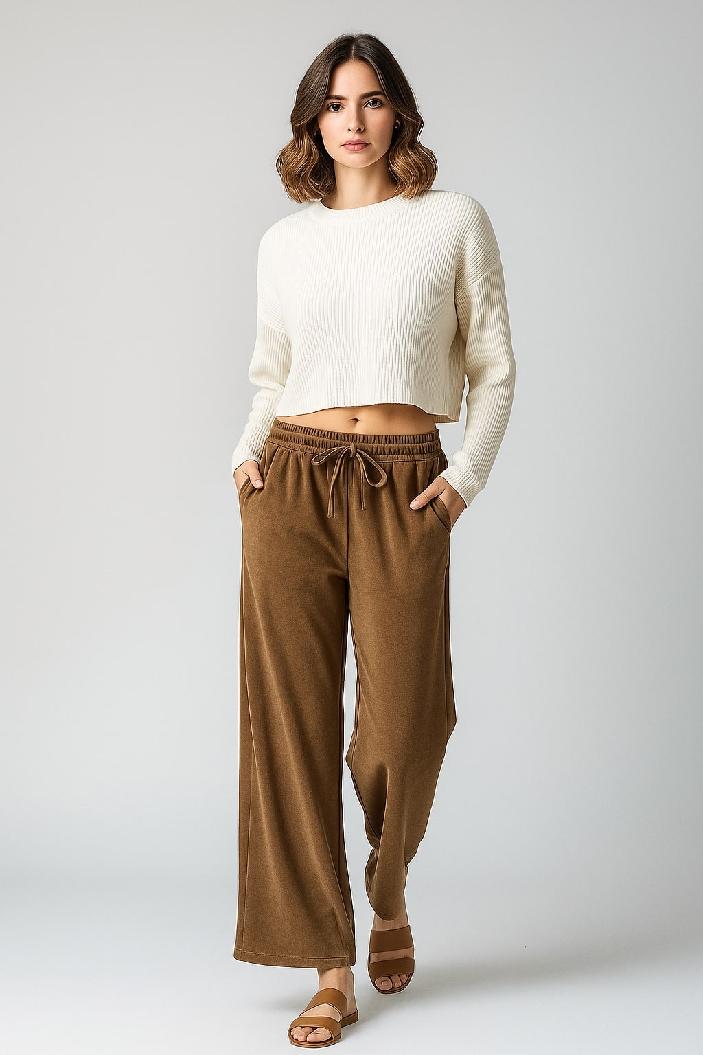 Close-up of velvet fabric and drawstring waist on brown trousers