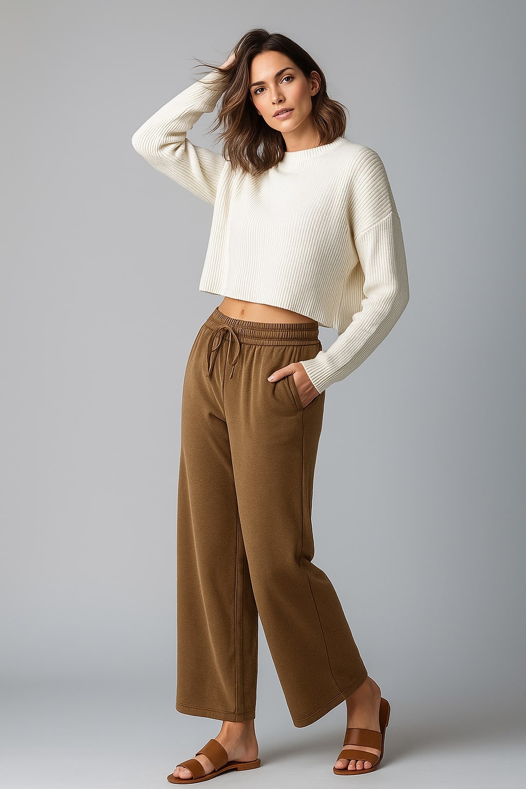 Side view of brown velvet straight-leg trousers