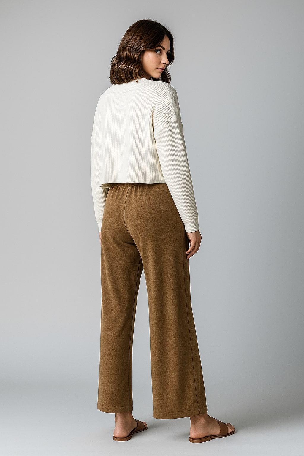 Lifestyle shot of brown velvet drawstring trousers styled with a tucked top