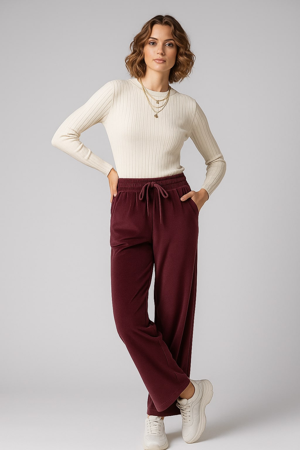 Close-up of drawstring waistband on maroon velvet trousers
