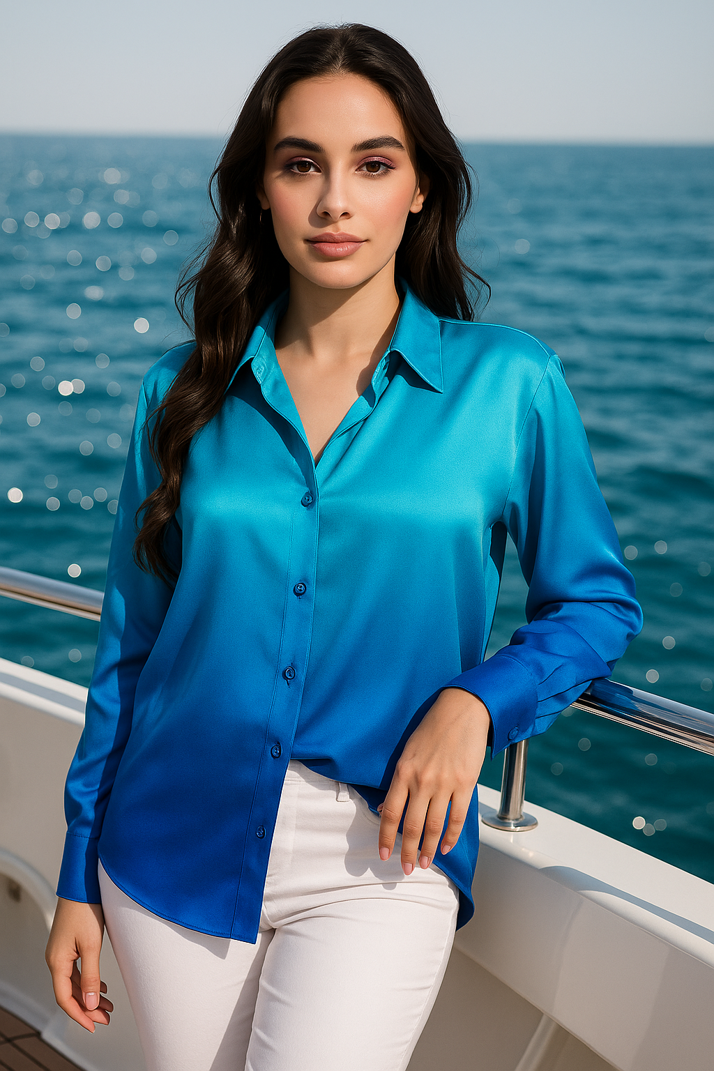 Front view of blue ombre satin relaxed shirt for women