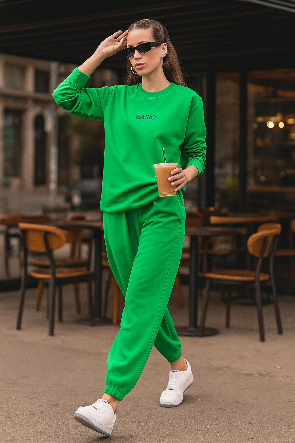 Green sweatshirt and jogger co-ord set for women - front view