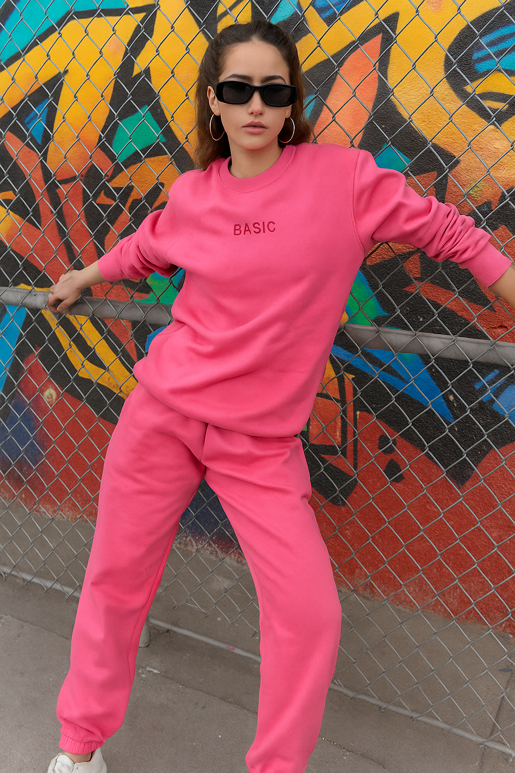 Pink sweatshirt and jogger co-ord set for women - front view