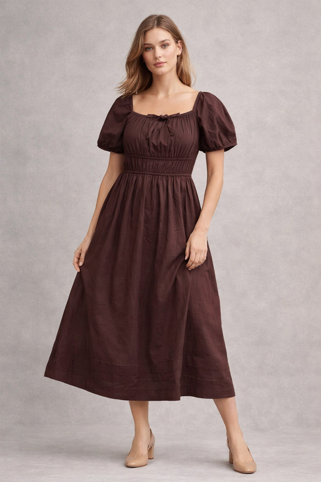 Brown cotton dress flat-lay product shot