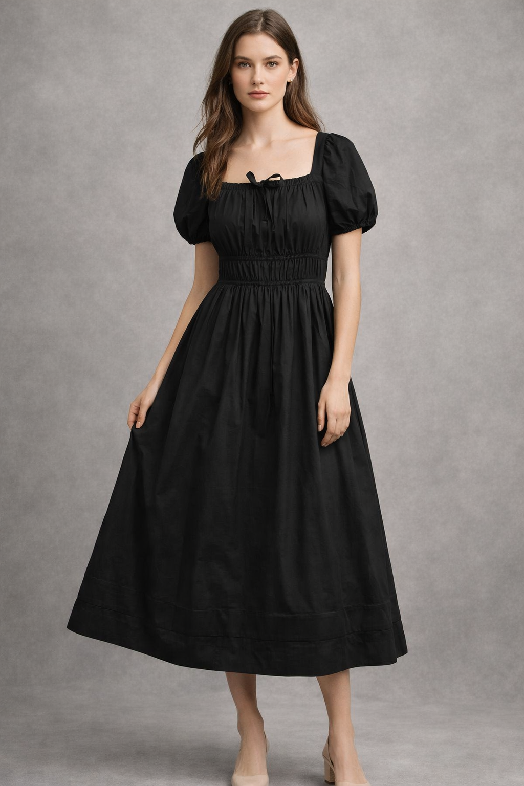 Black cotton smocked waist dress styled with heels