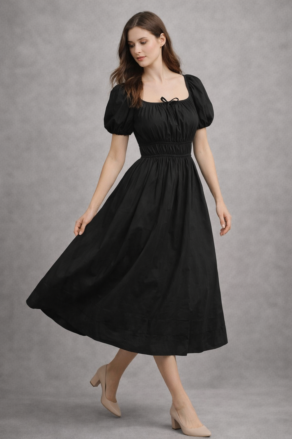 Black pure cotton A-line smocked waist dress front view