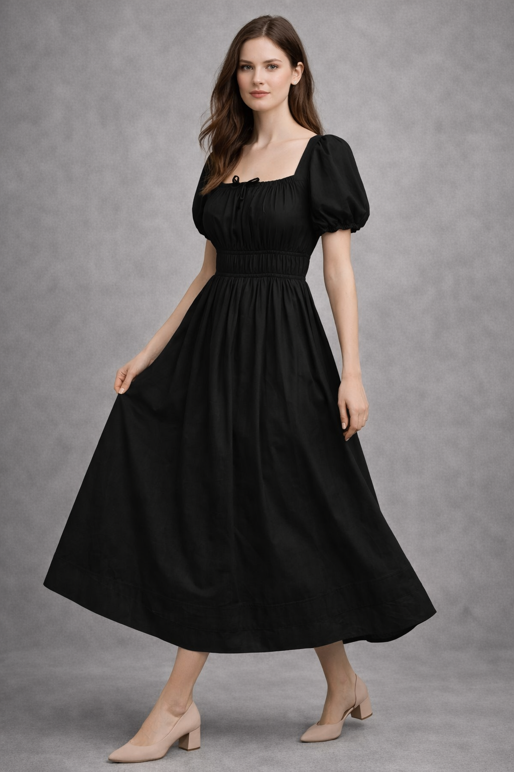 Side view of black cotton A-line dress