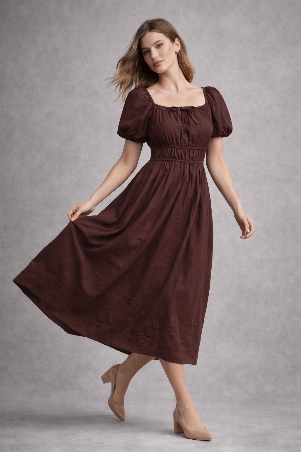 Brown cotton smocked waist dress styled with sandals