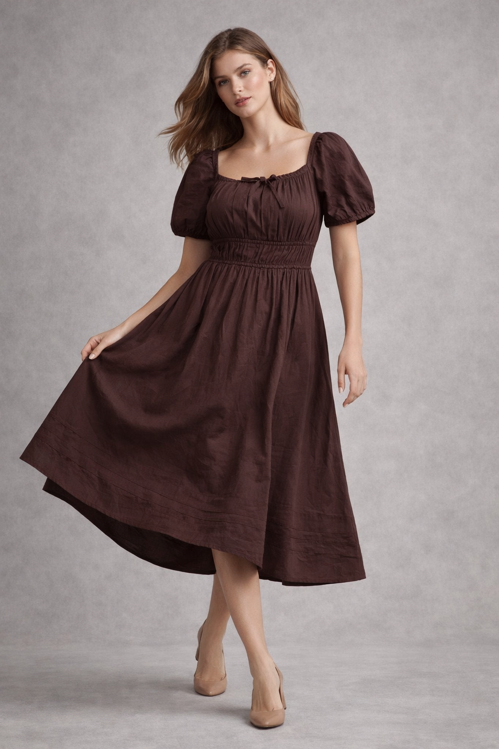 Brown pure cotton A-line smocked waist dress front view
