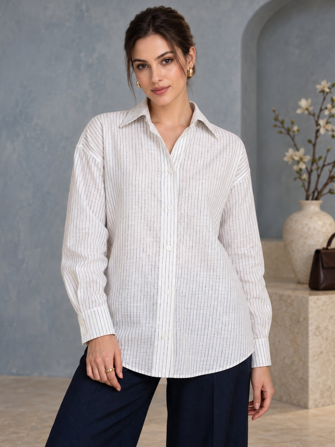 White & Blue Linen Blend Shirt