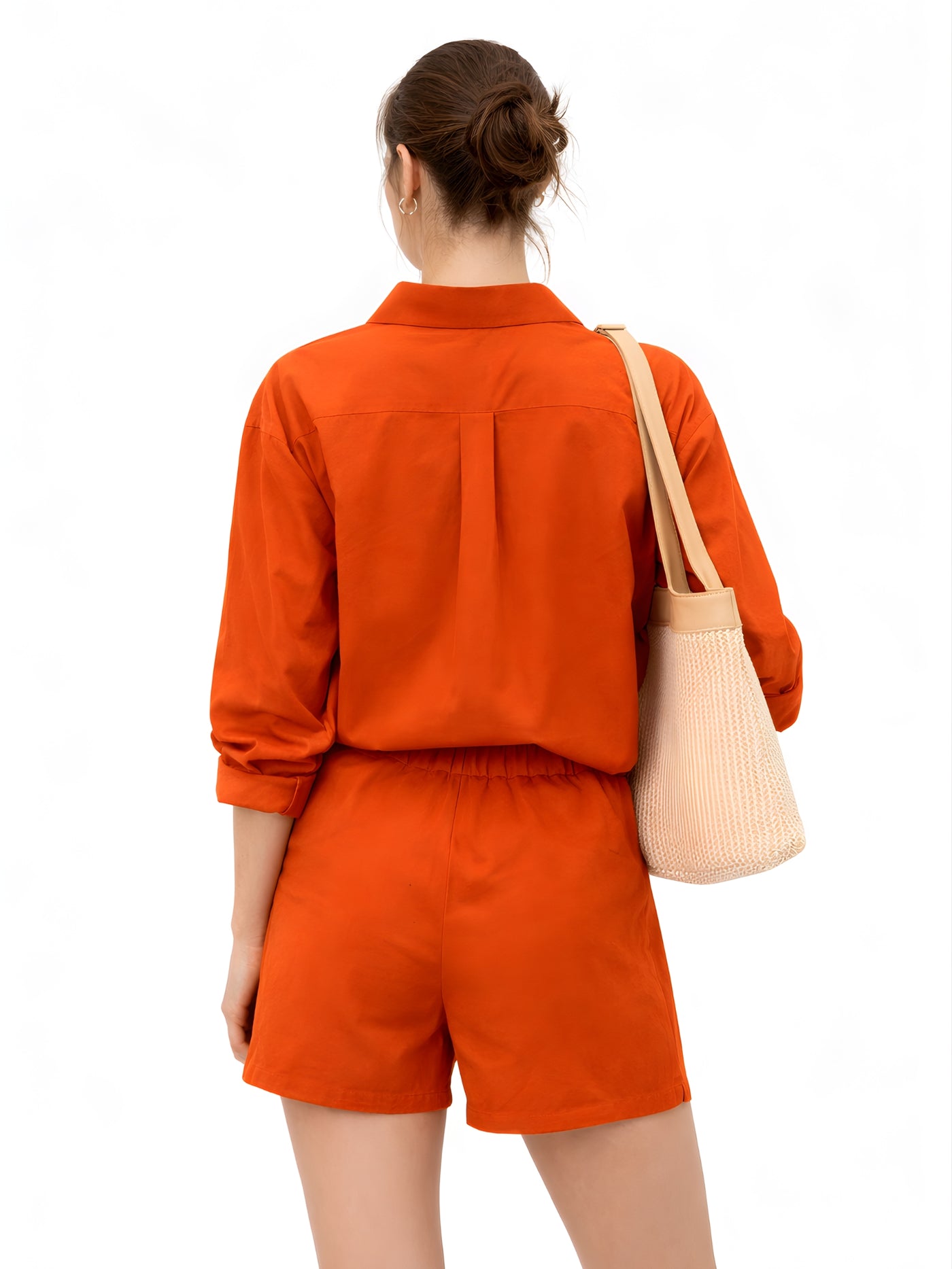 Back view of rust cotton shorts co-ord set