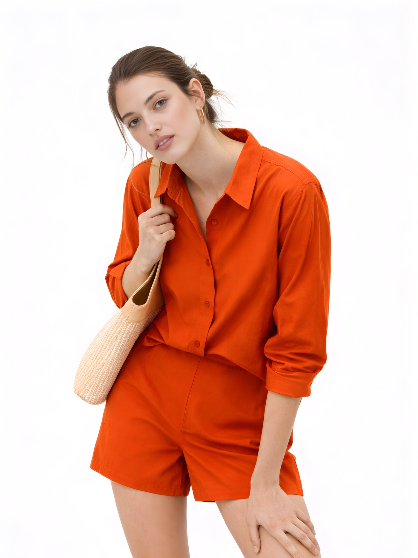 Final styled image of rust poplin cotton shorts co-ord set