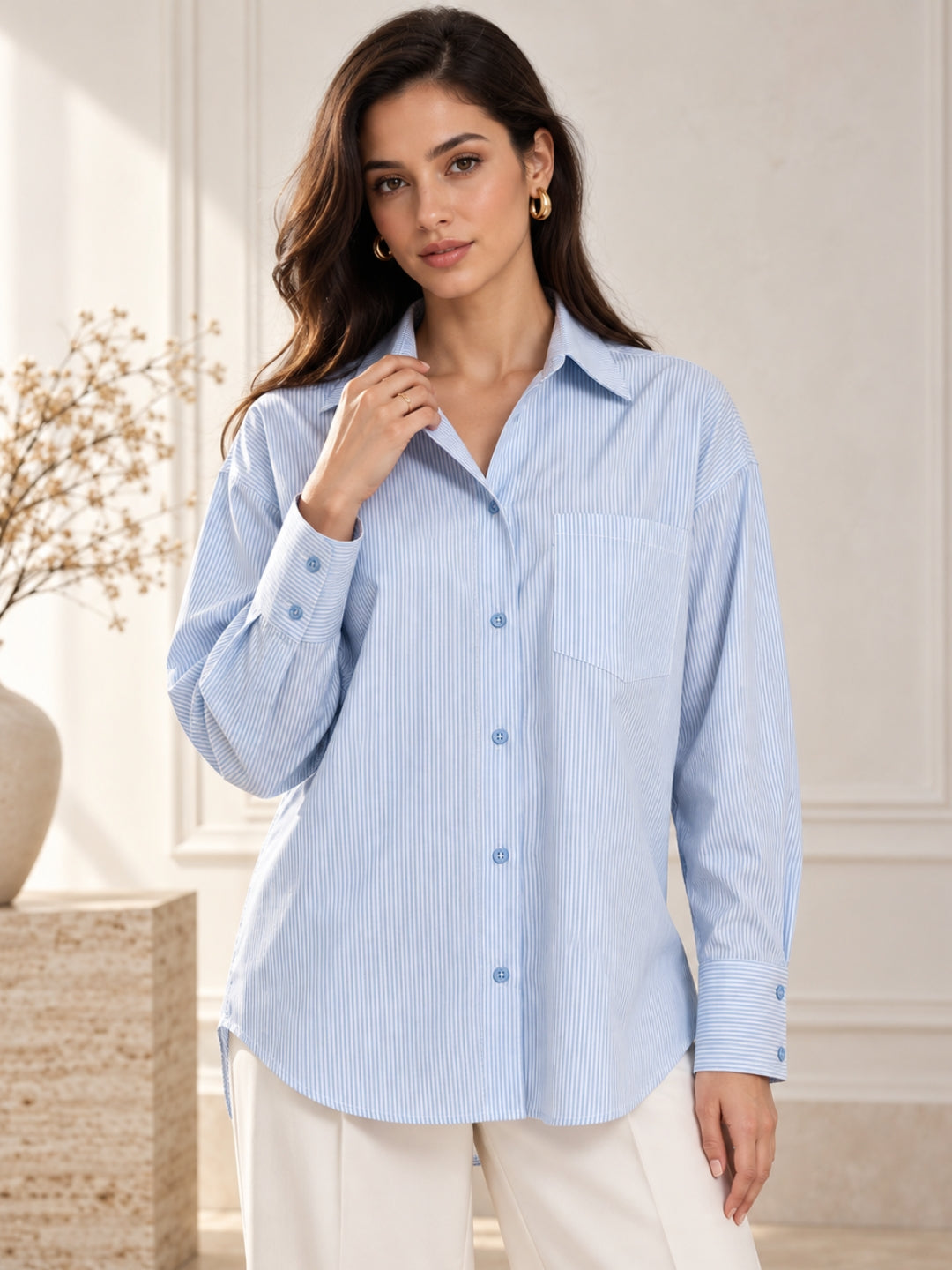 Blue Striped Cotton Oversized Shirt
