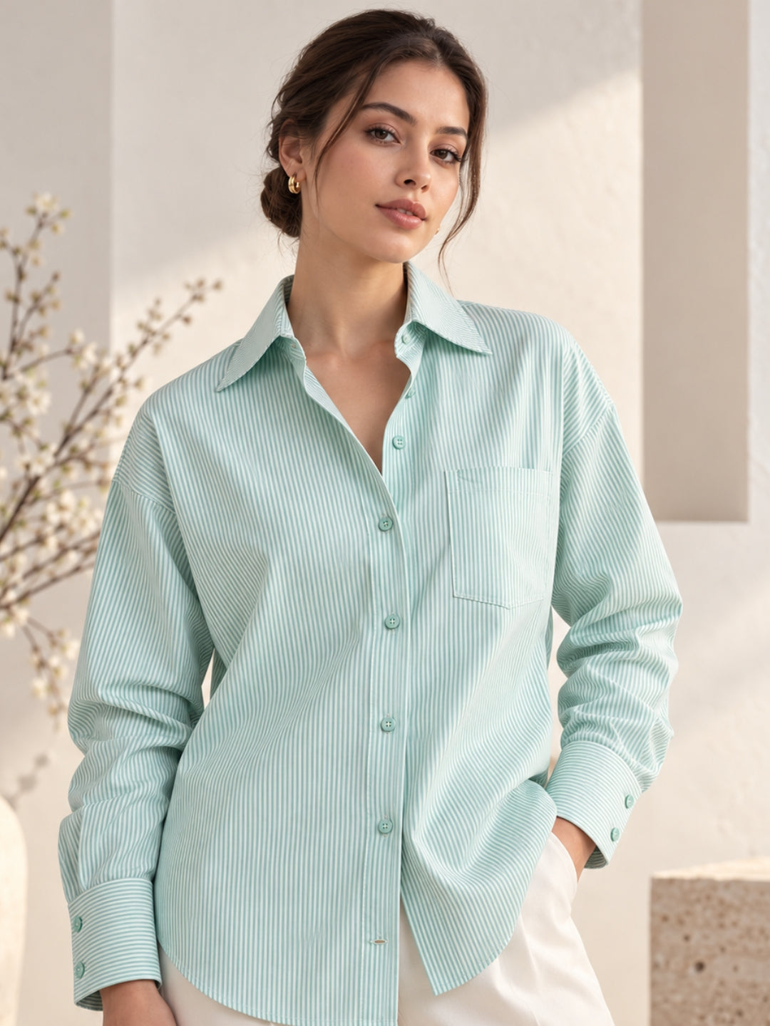 Green Striped Cotton Oversized Shirt