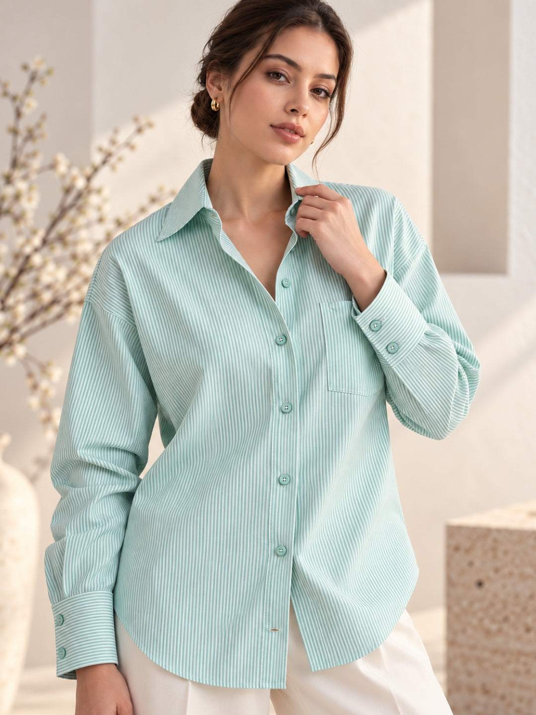 Green Striped Cotton Oversized Shirt
