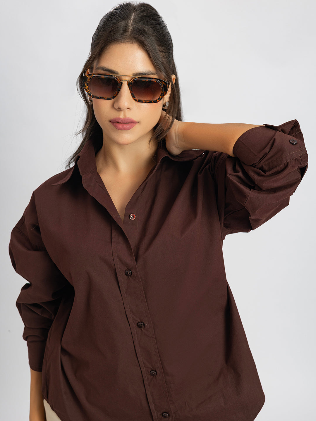 Lifestyle shot of coffee brown poplin cotton shirt