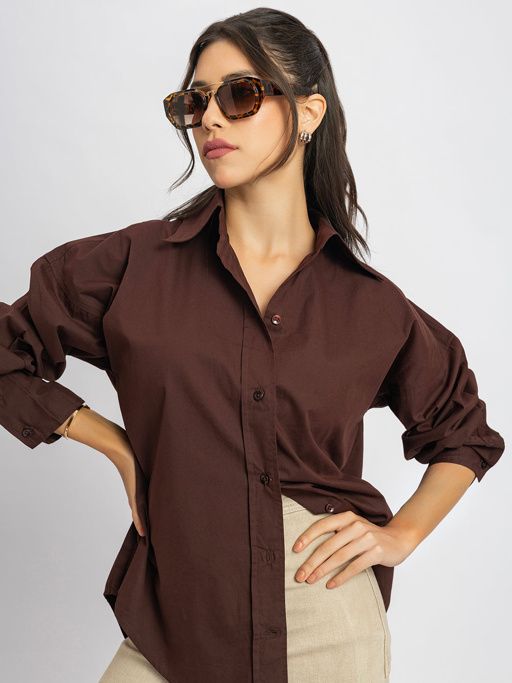 Side view of coffee brown poplin cotton shirt