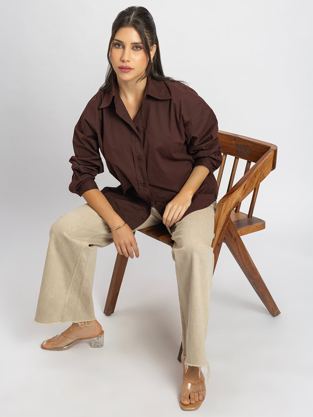 Back view of coffee brown poplin cotton shirt