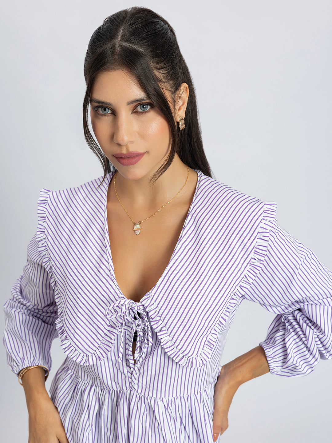 White and purple striped frill collar peplum top front view