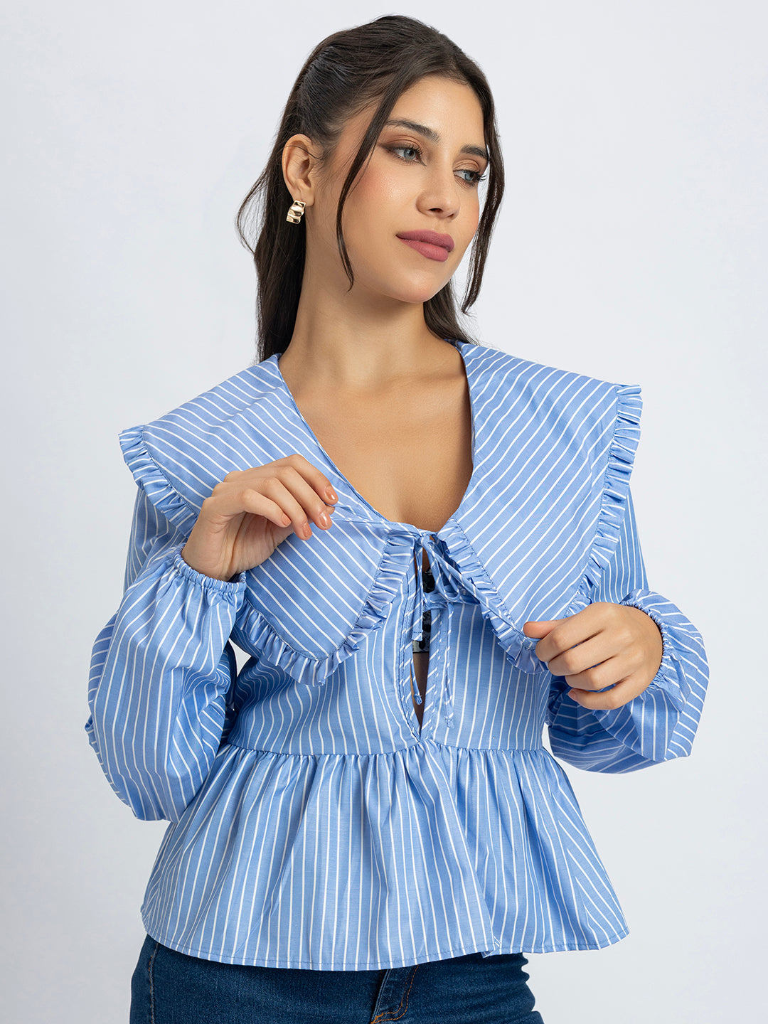 Blue and white striped frill collar peplum top front view