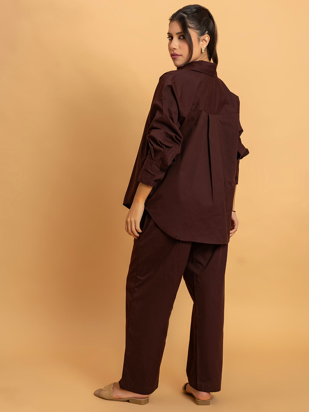 Close-up of cotton poplin fabric in coffee brown