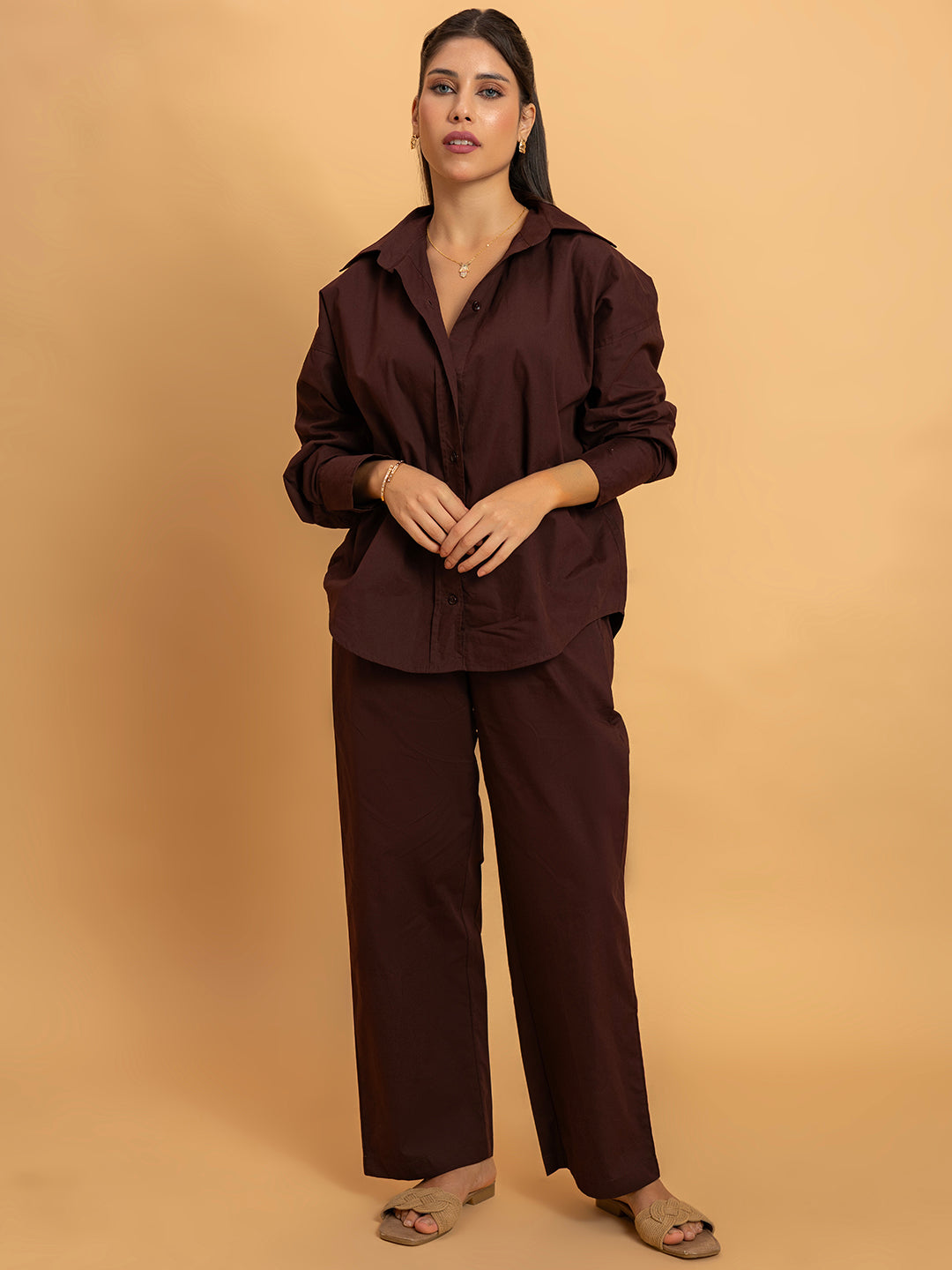 Bottom view of coffee brown co-ord trousers with relaxed fit