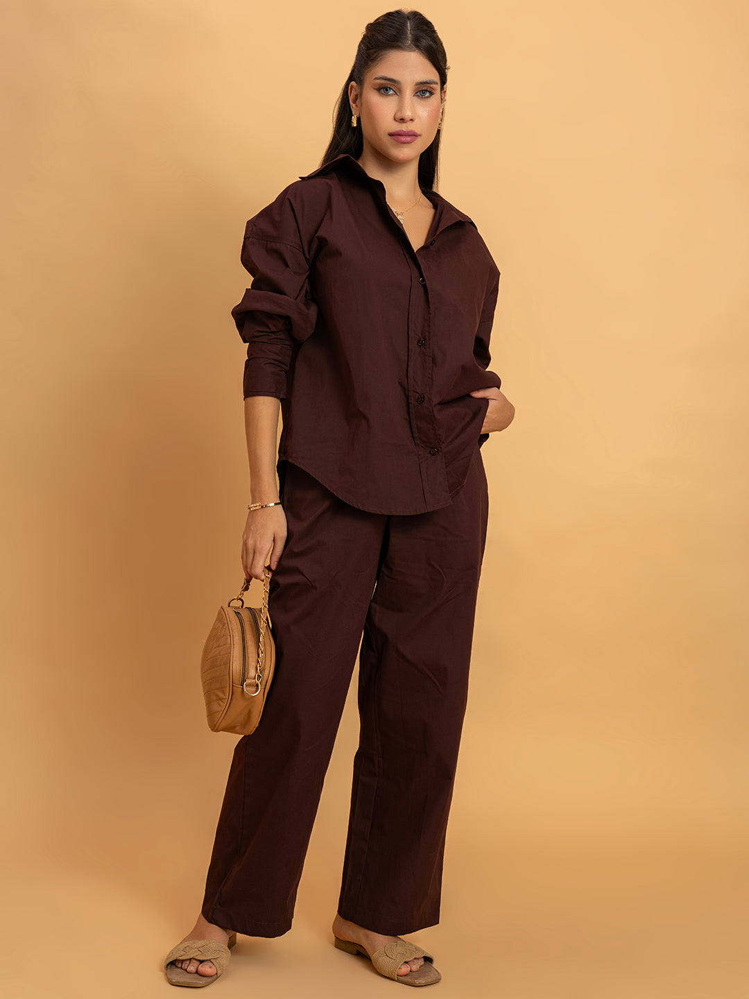 Hem detail on coffee brown poplin cotton co-ord