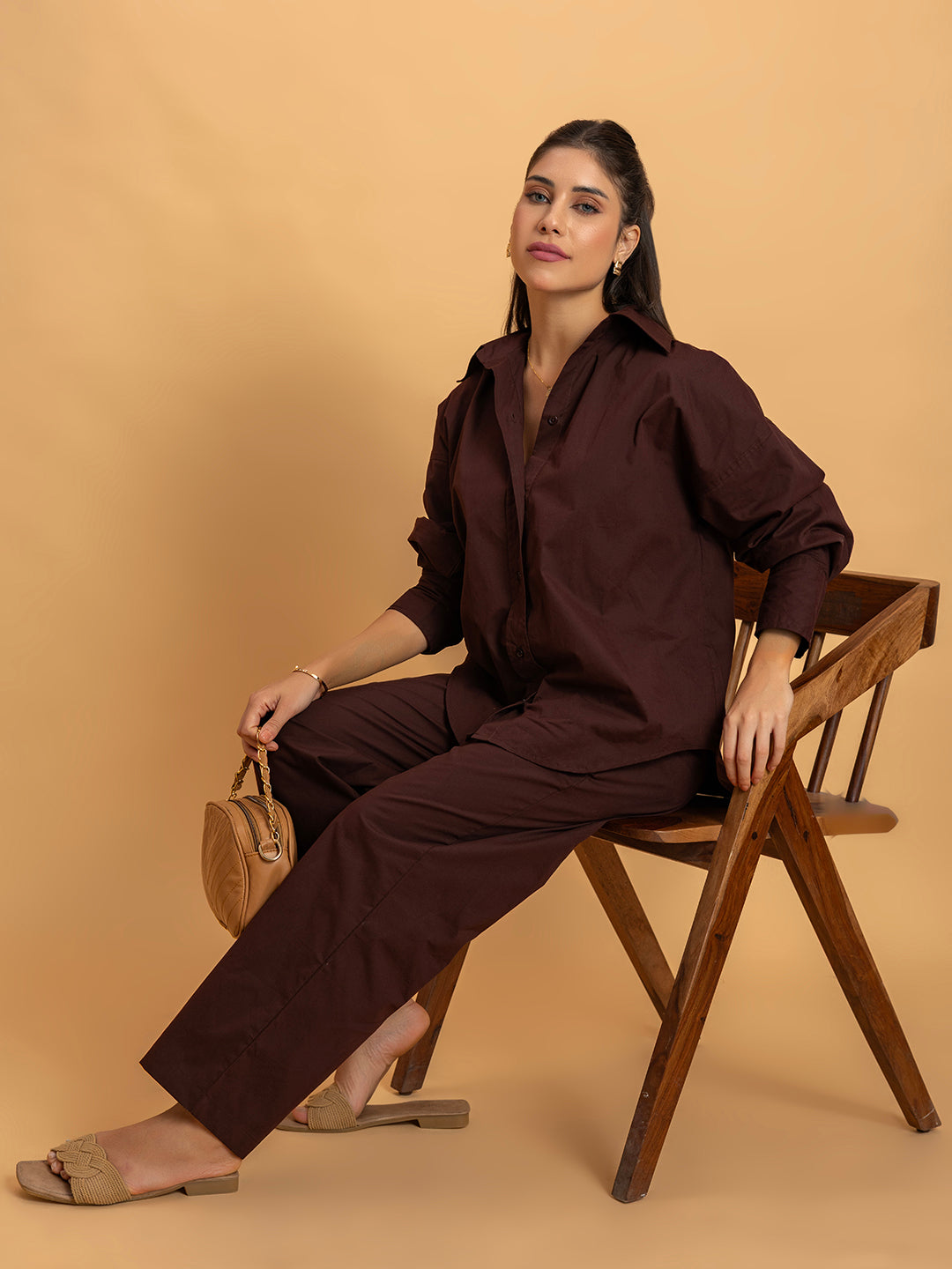 Back view of coffee brown poplin co-ord set