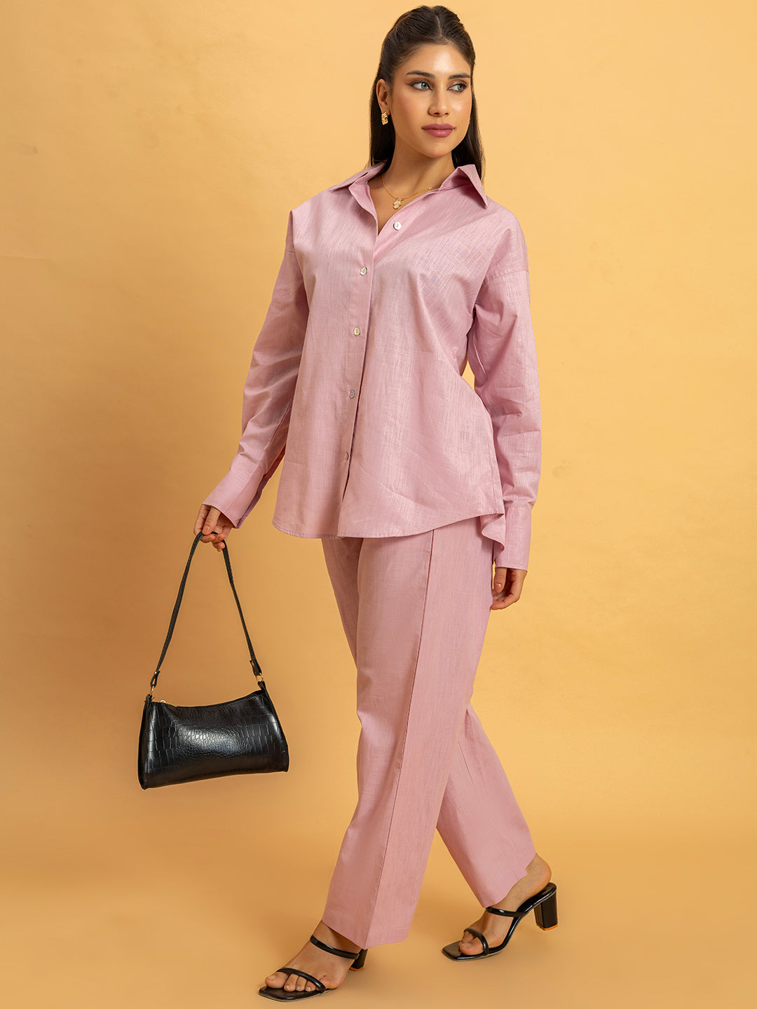 Back view of pink linen blend co-ord set
