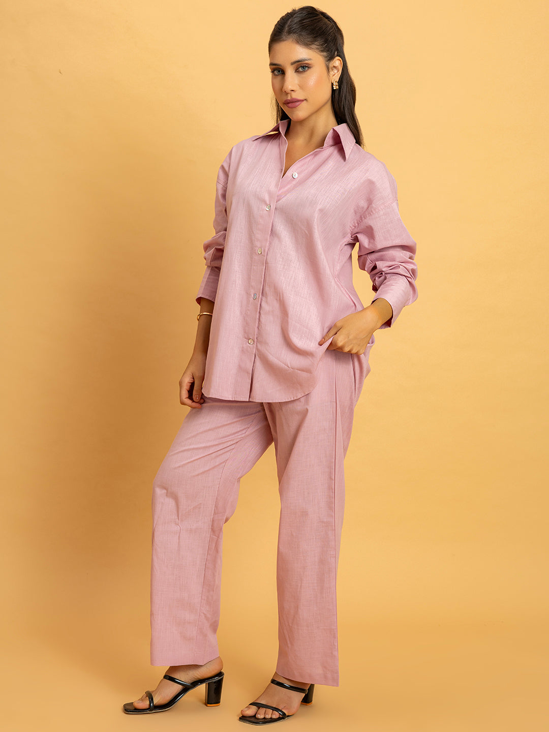 Bottom view of pink linen co-ord trousers with relaxed fit