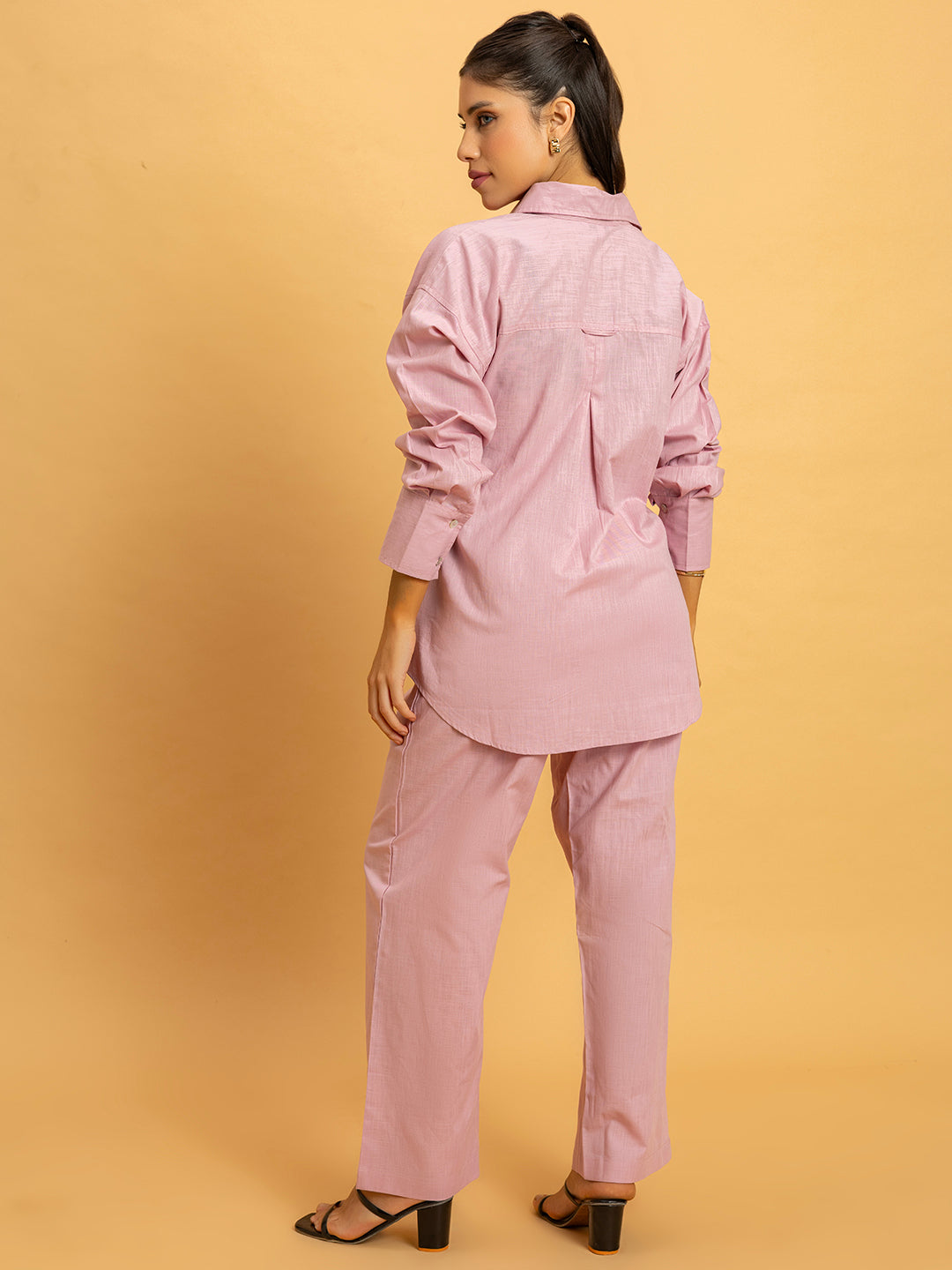 Sleeve detail of pink linen blend co-ord shirt