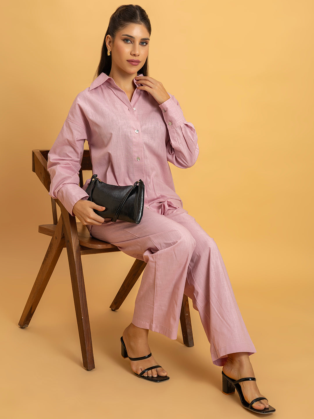 Pink linen blend co-ord set front view for women