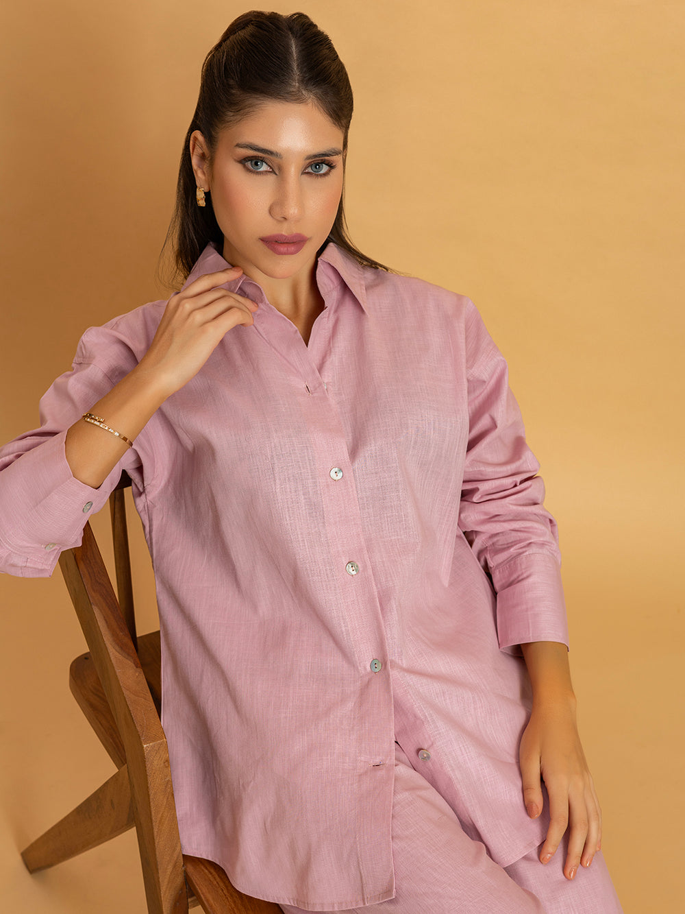 Side view of pink linen blend co-ord set