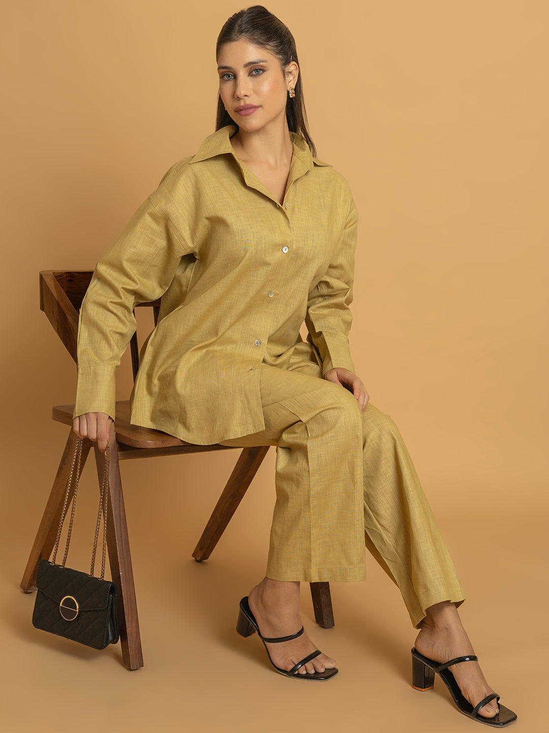 Beige linen blend co-ord set front view for women