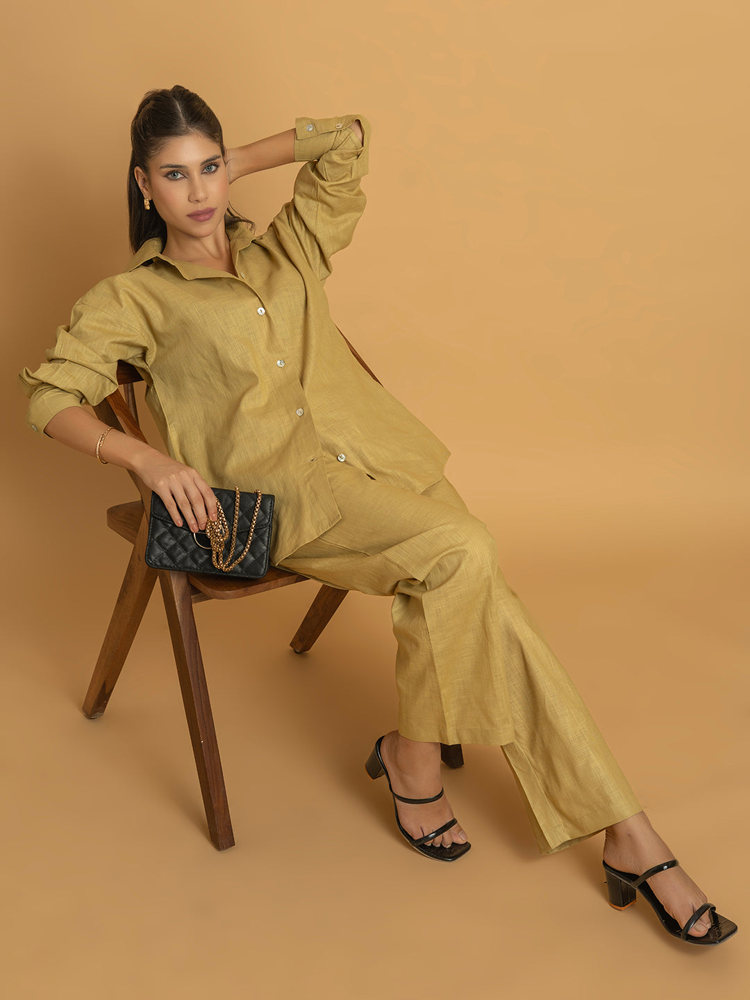 Back view of beige linen blend co-ord set