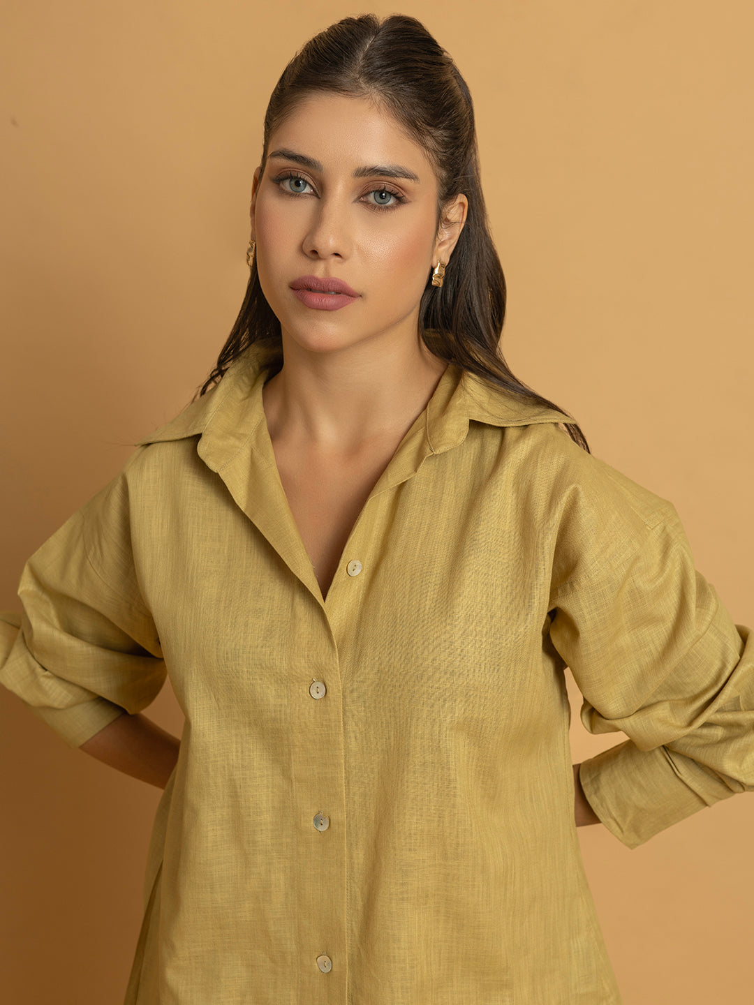 Bottom view of beige linen co-ord trousers