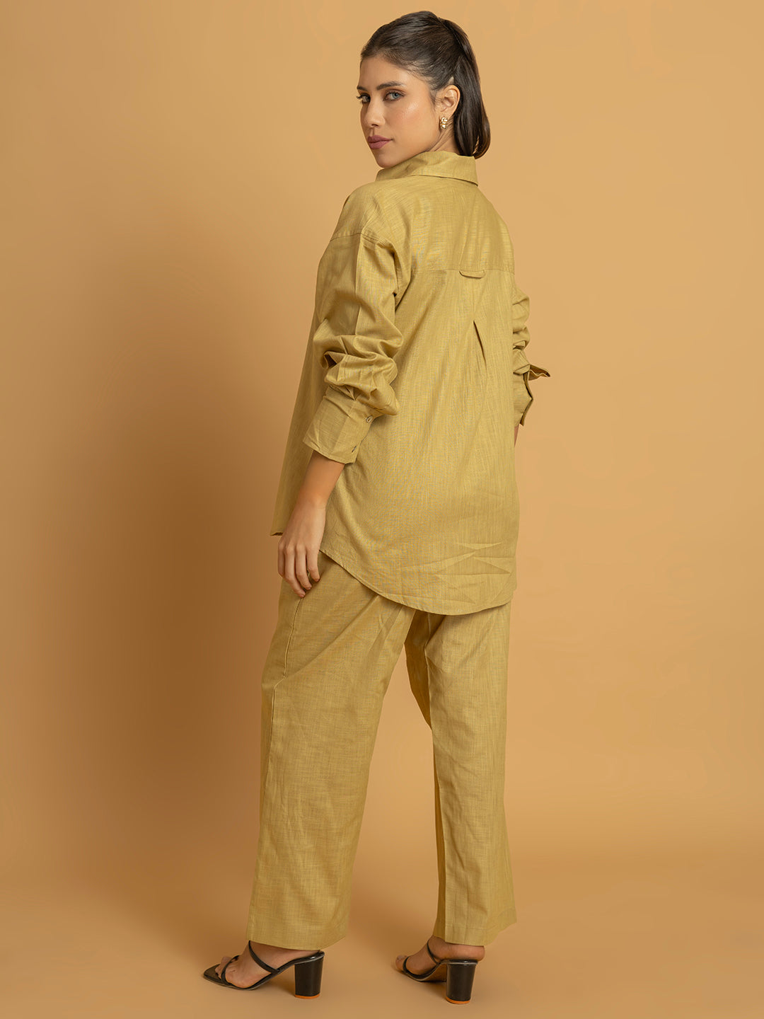 Sleeve detail of beige linen blend co-ord shirt