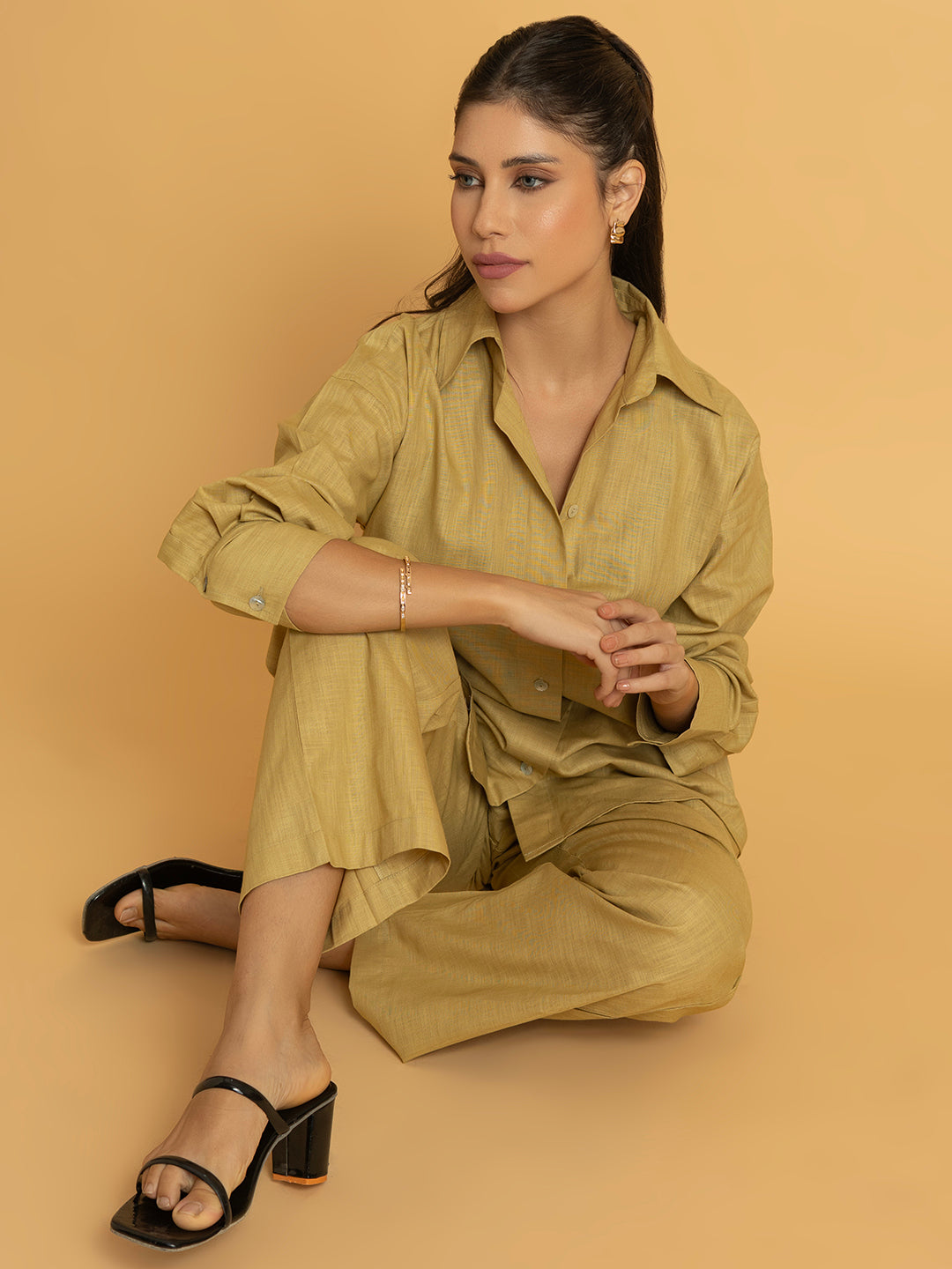 Lifestyle shot of beige linen blend co-ord set