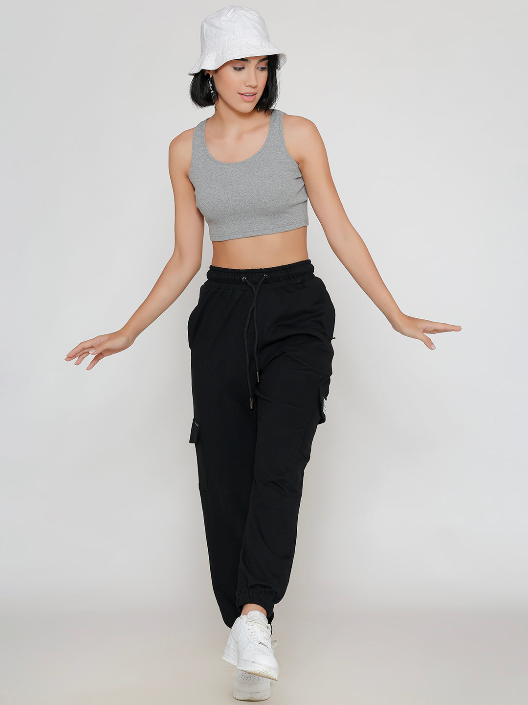 Back view of black cotton cargo pants