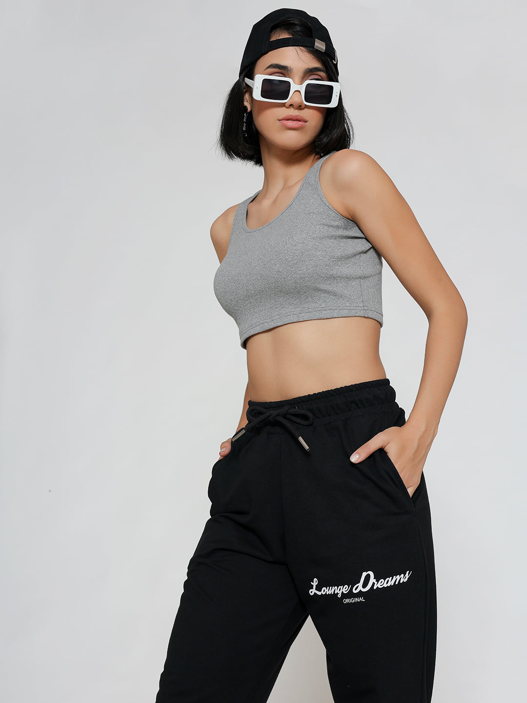 Back view of black cotton knit joggers