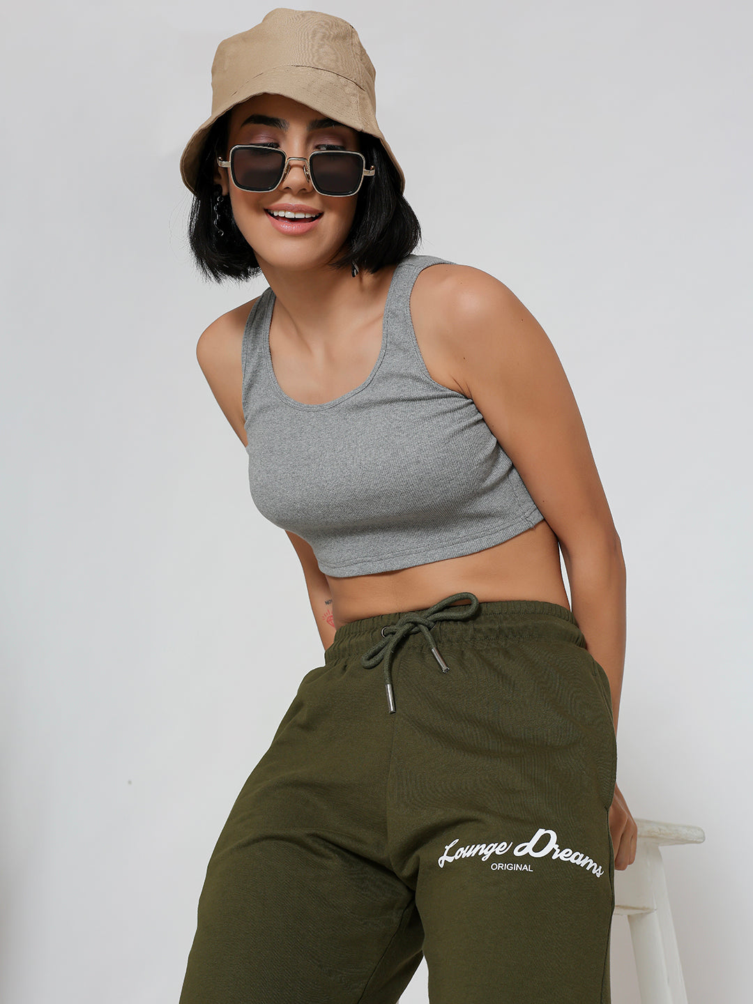 Back view of olive cotton knit joggers