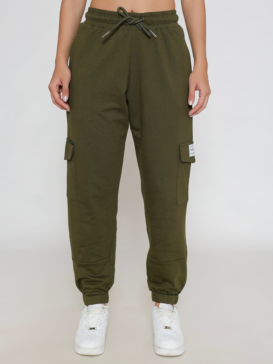 Front view of olive utility cotton cargo pants