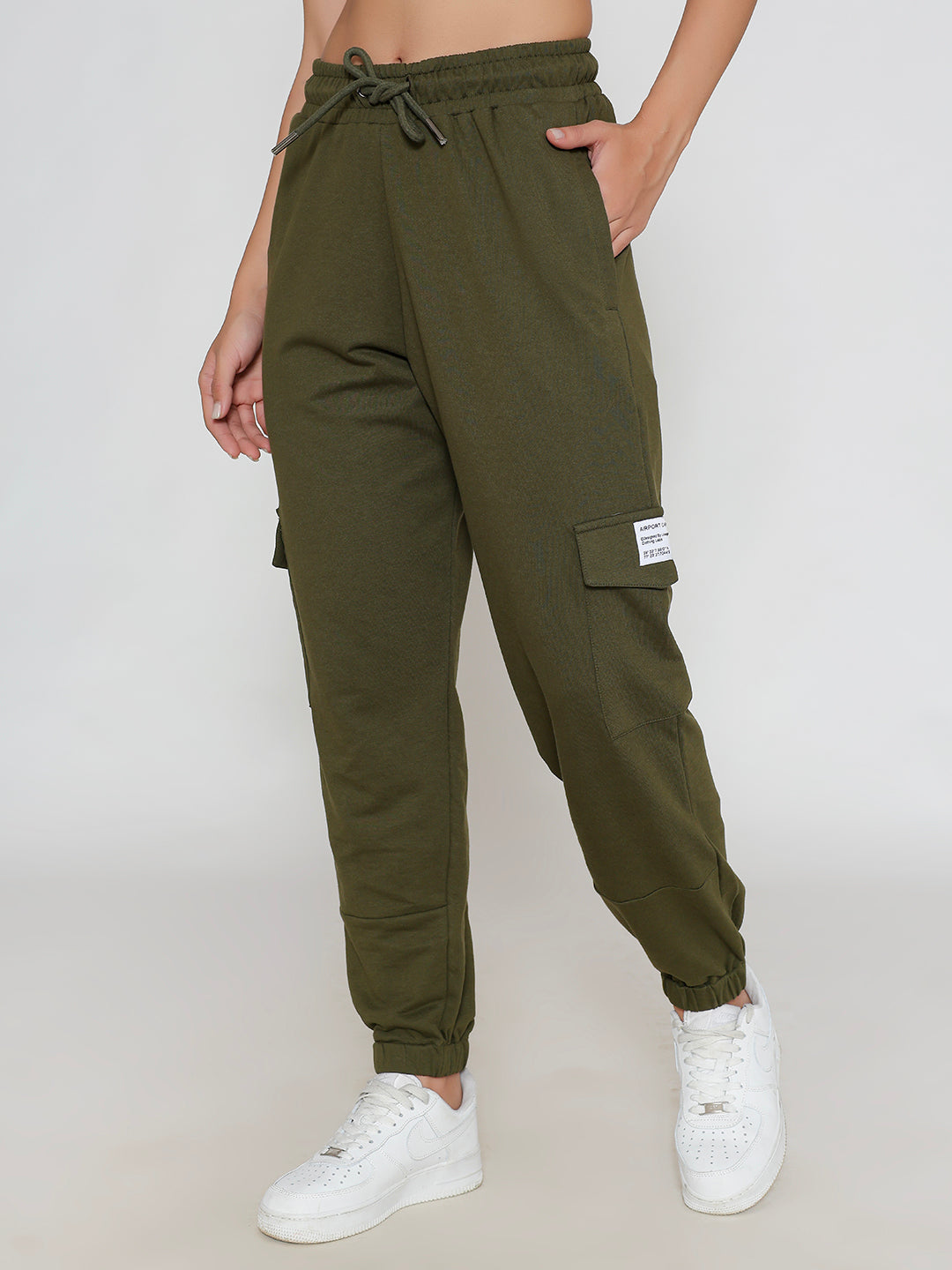 Detail of cargo pocket on olive cotton pants