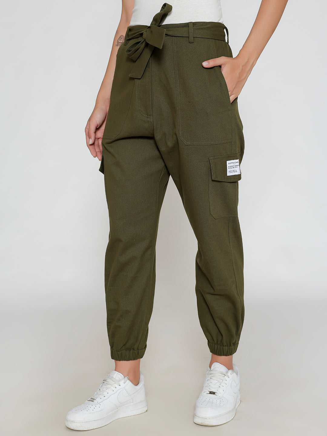 Back view of olive cotton cargo pants