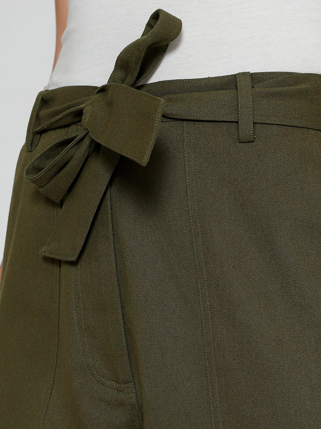 Detail of cargo pocket on olive cotton pants