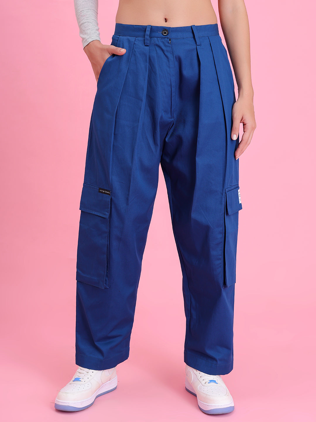 Front view of navy utility cotton cargo pants